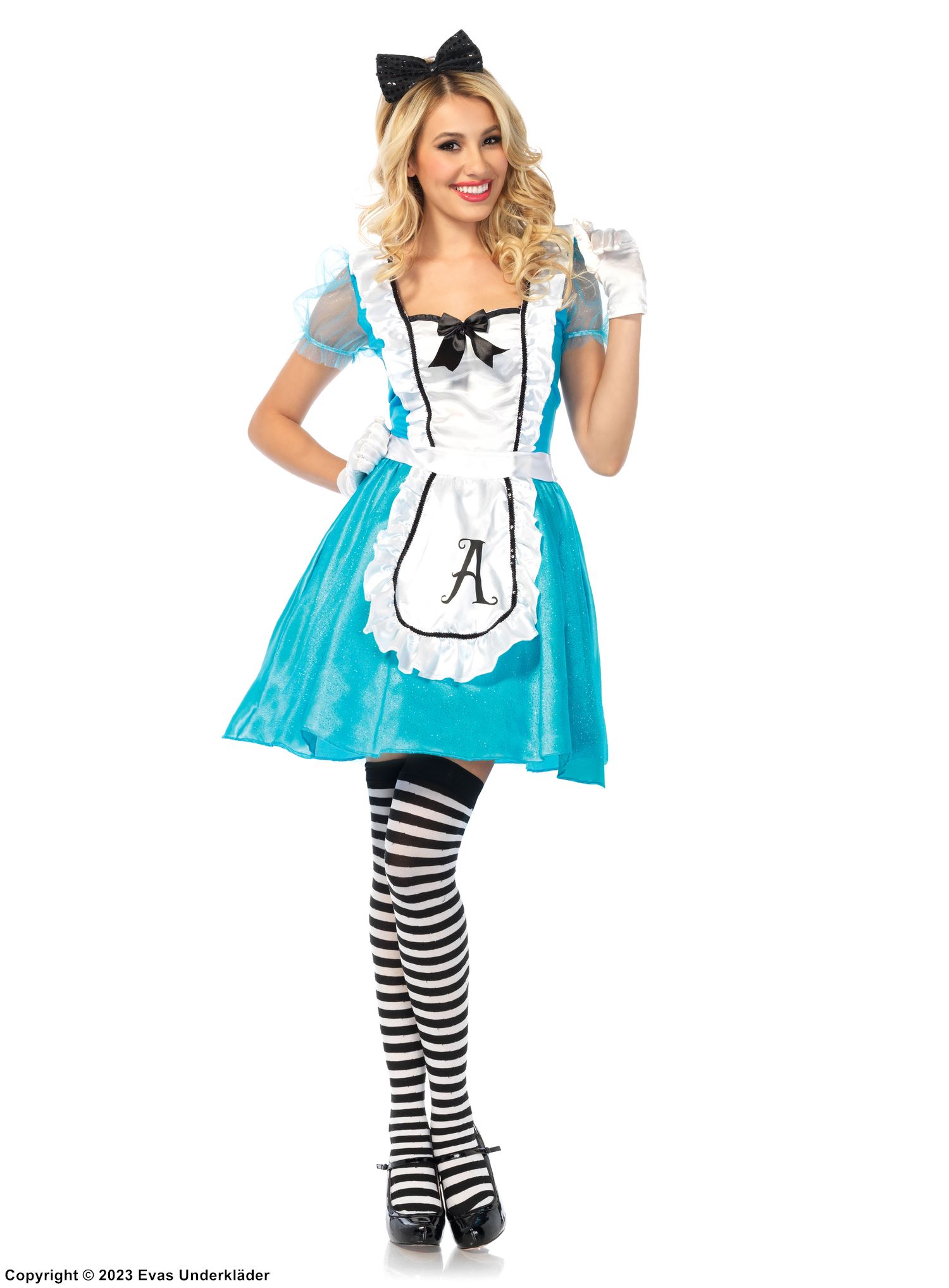Alice in Wonderland, costume dress, bow, apron, puff sleeves